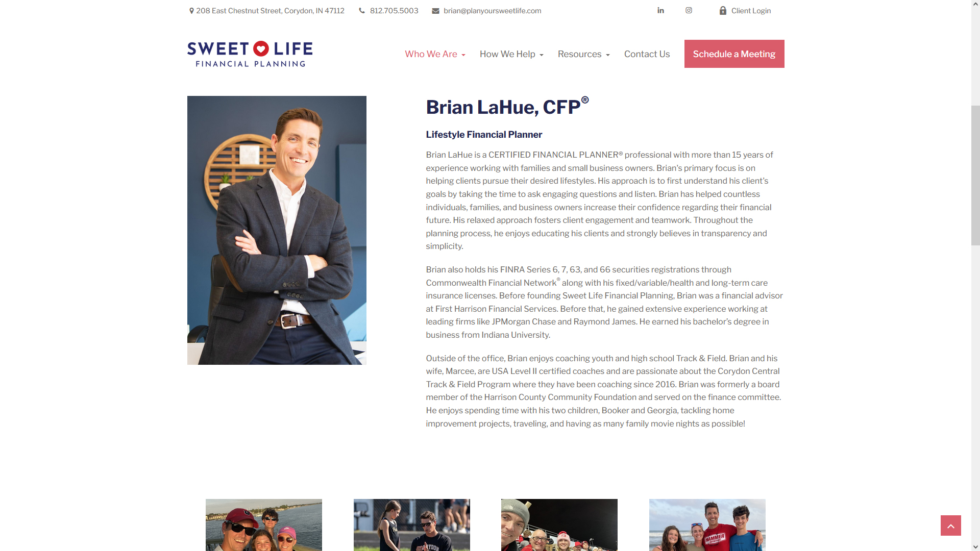 Sweet Life Financial Planning team page highlighting Brian LaHue.
